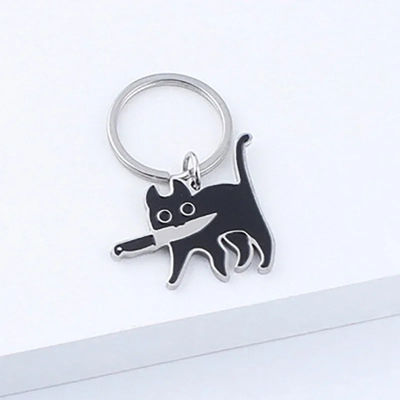 Cartoon Knife Cat Keychain Cute Stainless Steel Black Kitten Key Chains Keyring Bag Pendant Hanging Jewelry Gift