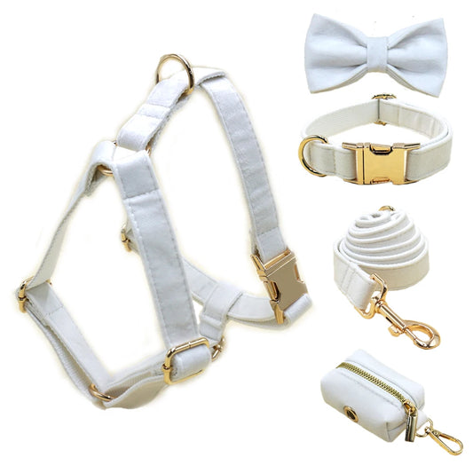 White Velvet Pet Dog Collar Luxury 5PCS/Set Dog Collar Harness with Gold Buckles Anti-Lost Cute Bow Collar and Lead