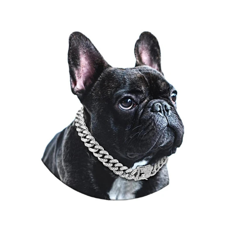 Dog Chain Diamond Cuban Collar Walking Metal Chain Collar with Design Secure Buckle, Pet Cat Cuban Collar Jewelry Accessories