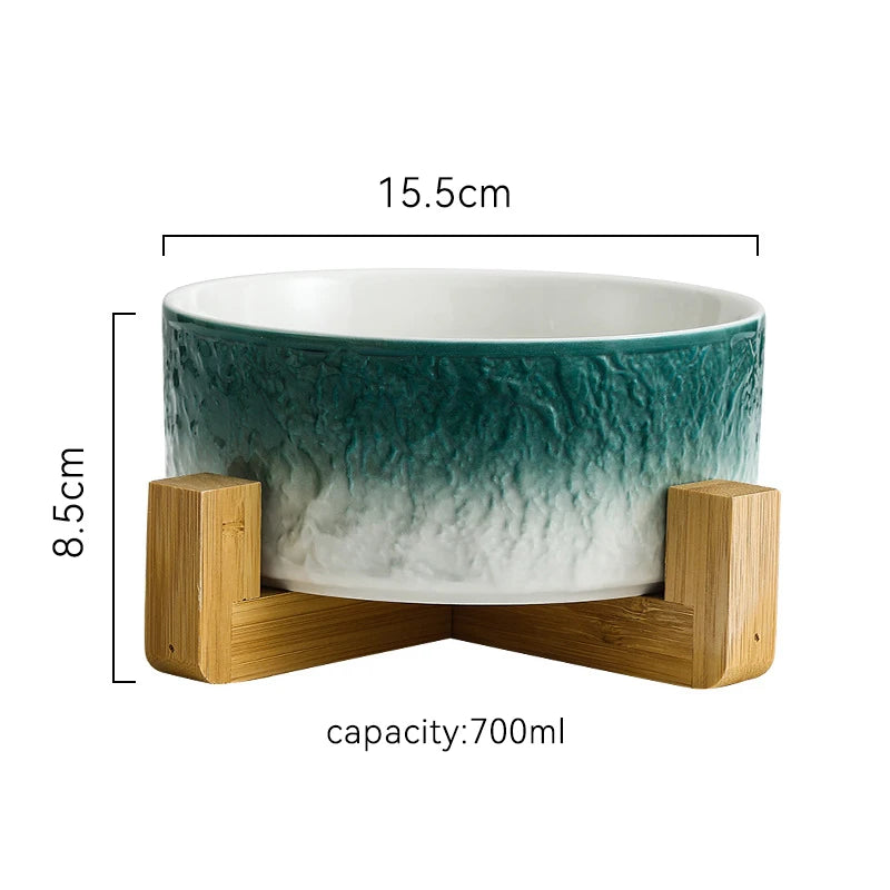 Cat Double Bowls Set 700ML Pet Food Water Feeders Small Medium Dogs Ceramic Gradient Color Bowls with Wooden Stand