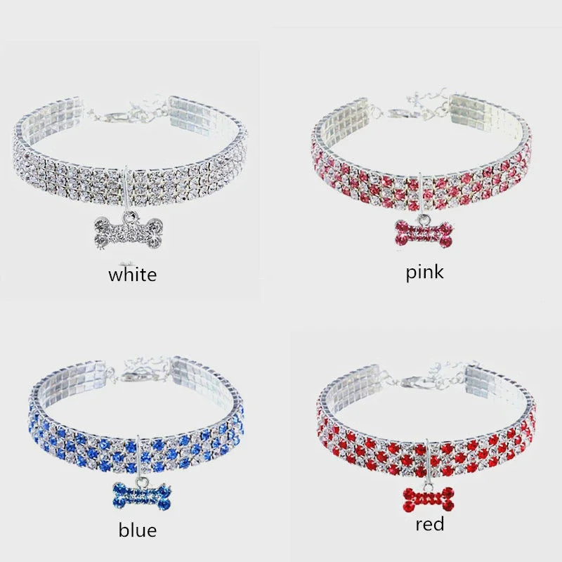 Bling Pet Dog Collar Pitbull Pug Bone Pendant Crystal Cat Collars Small Medium Dogs Chihuahua Pug Necklace Loop Pets Accessories