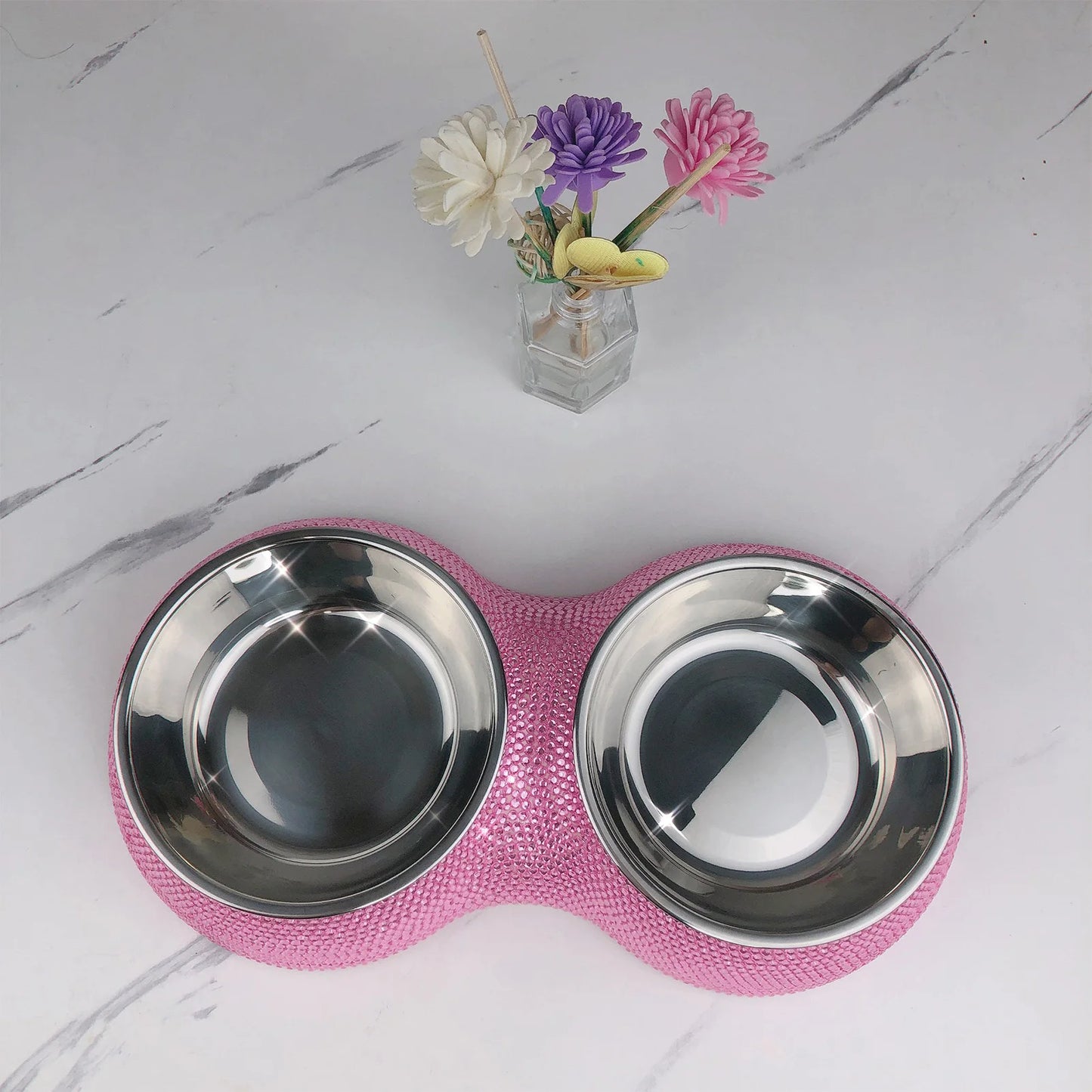 Double Pet Bowl Bling Bling Rhinestone Cat Dog Food Water Feeder Stainless Steel Dog Bowl Feeding Supplies Pets Accessories