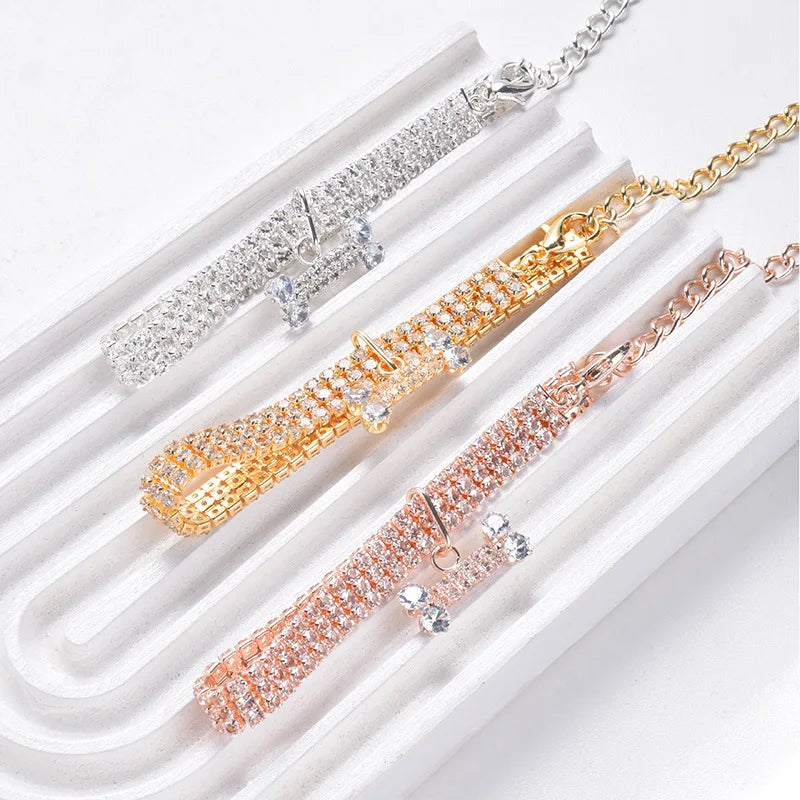 Adjustable Pet Necklace Cat Dog Crystal Collar Rhinestone Bone Pendant Puppy Luxury Fashion Beauty Dress Up Dog Accessories