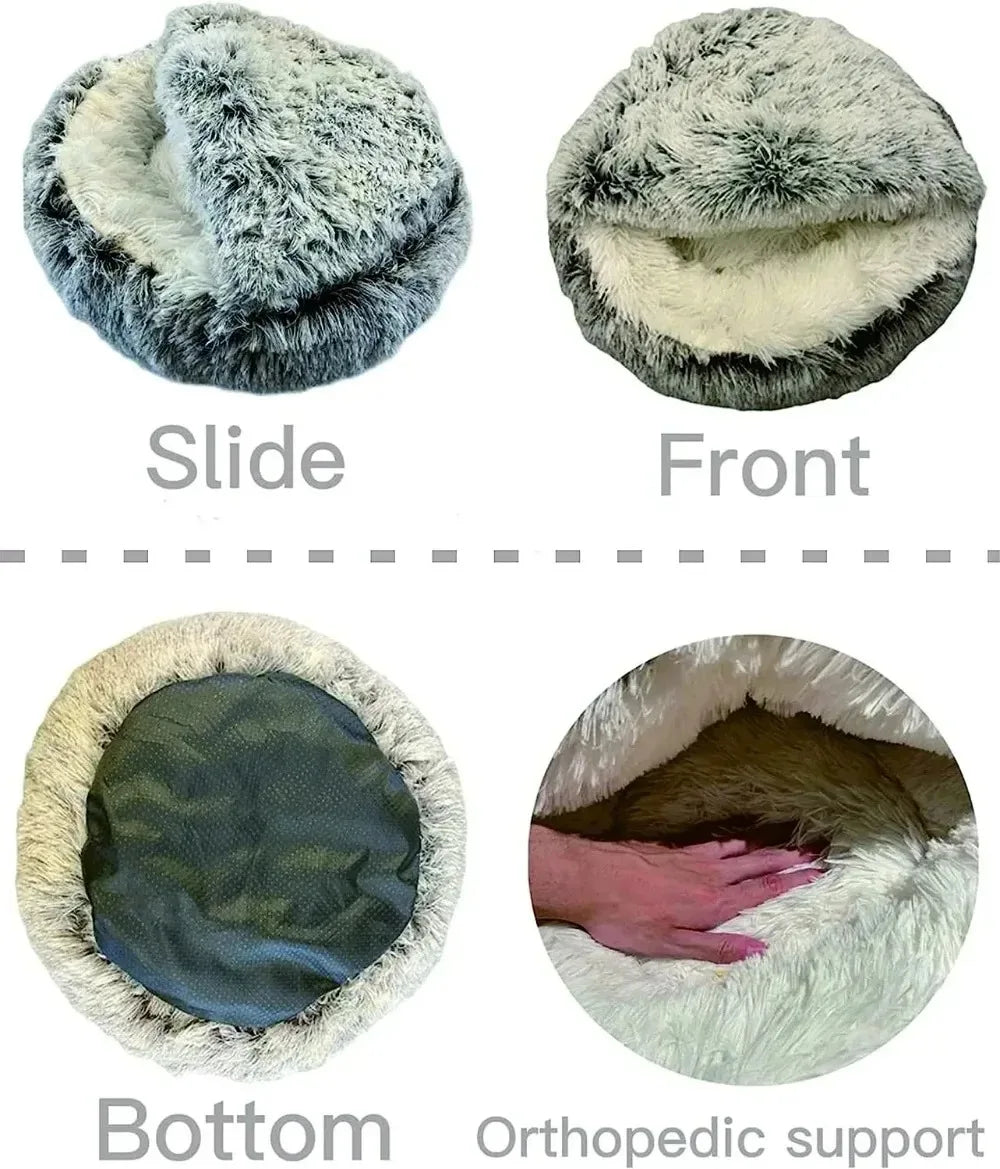 Soft Plush Round Cat Bed Warm Comfortable Winter Long Plush Pet Cat Bed Round Semi Enclosed Cat Nest For Small Dogs Sleep Bag