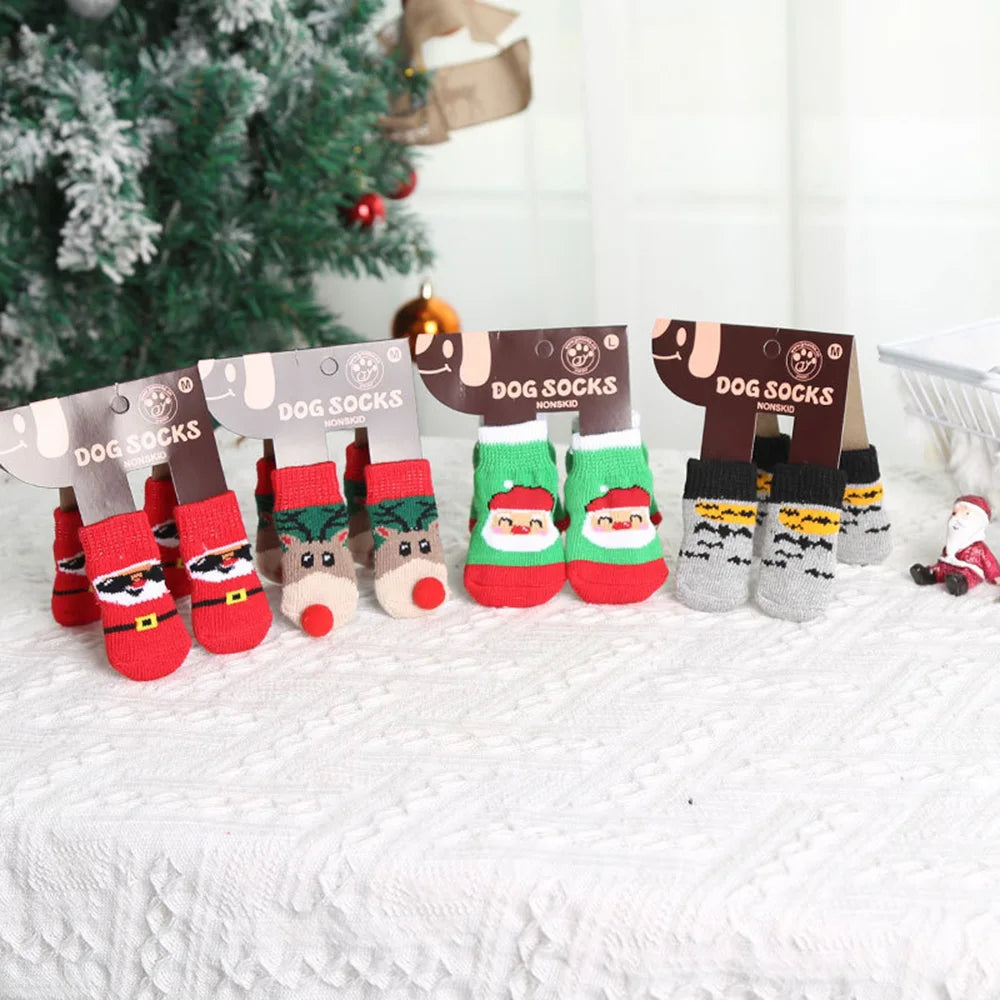 Dog Cat Socks 4 PCS Non-Slip Christmas Shoes Festival Themed Woven Paw Protector Knitting Pet Supplies for Floor Indoor