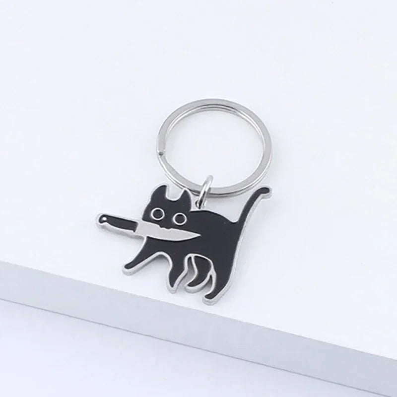 Cartoon Knife Cat Keychain Cute Stainless Steel Black Kitten Key Chains Keyring Bag Pendant Hanging Jewelry Gift