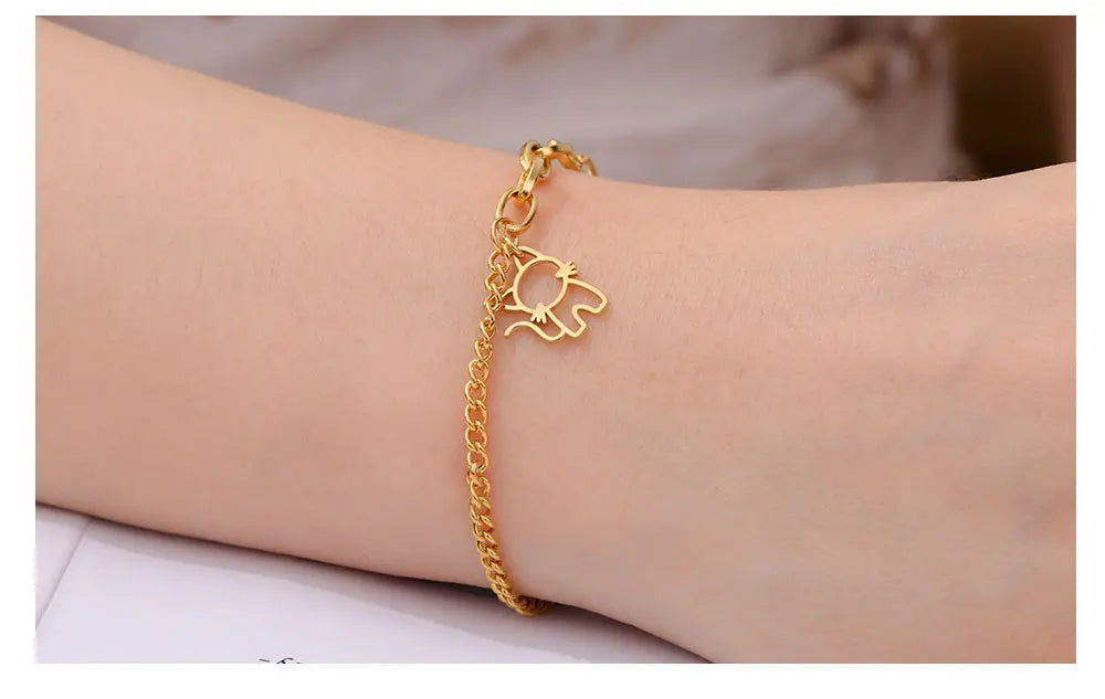 Cazador Trendy Cat Kitten Charm Bracelet for Women Stainless Steel Asymmetric Chain Bracelets Cute Animal Jewelry Gift