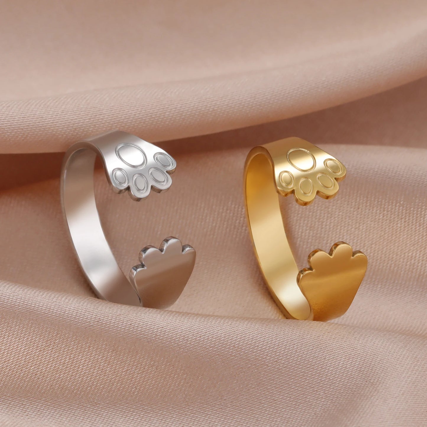 Cazador Trend Lovely Animal Paw Rings Bear Dog Cat Footprint Open Finger Rings for Women Stainless Steel Jewelry Birthday Gift