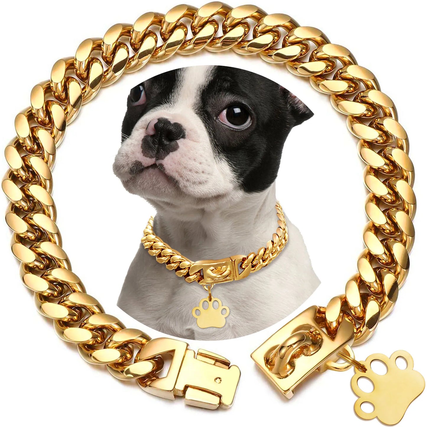 Strong Stainless Steel Dog Collar Choke with Safety Buckle Lock Golden Cuban Link Chain Training Collar for Pets Metal Necklace