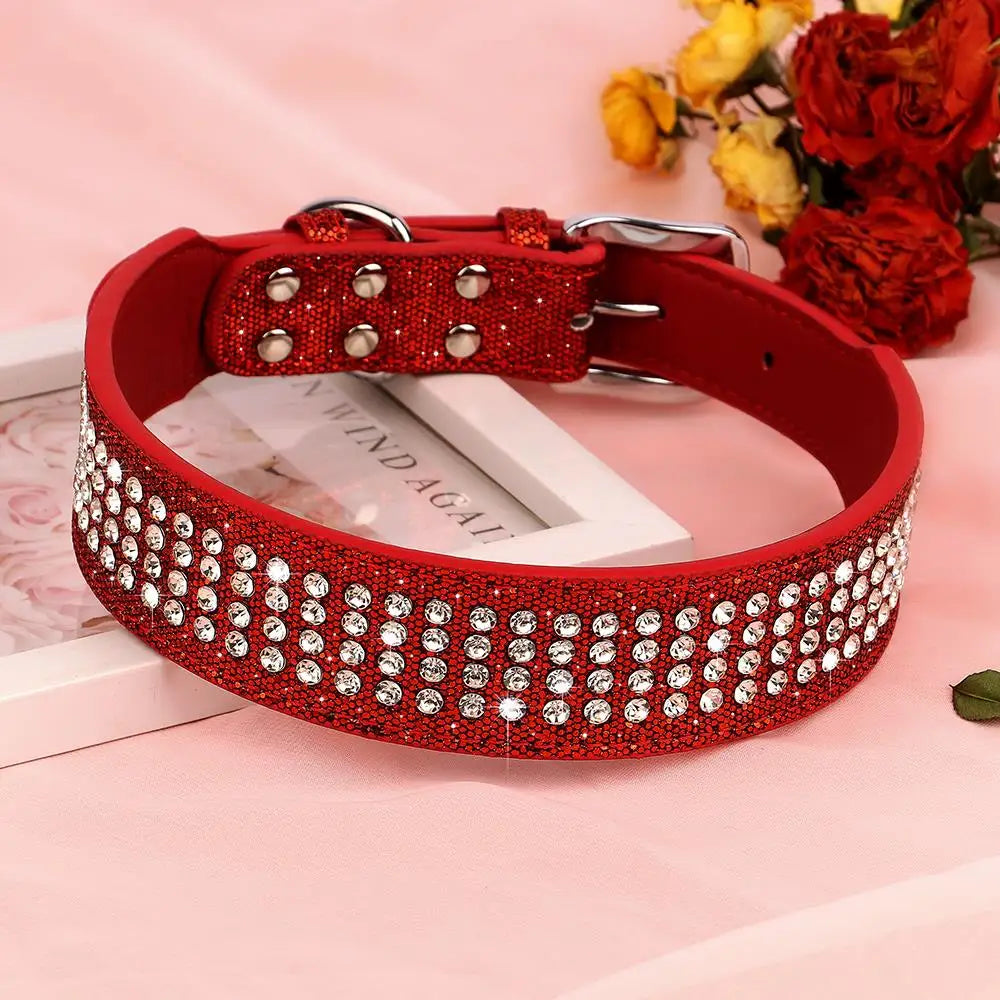 Bling Rhinestone Dog Collar Wide Leather Dogs Collars Glitter Diamond Pet Necklace Durable For Medium Large Dogs French Bulldog