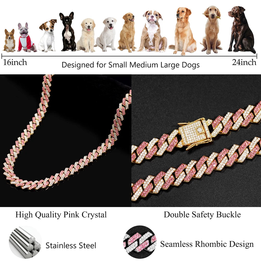 Dog Chain Diamond Cuban Link Chain With Design Secure Buckle Pet Cat Dogs Collar Necklaces Pet Items Accessories