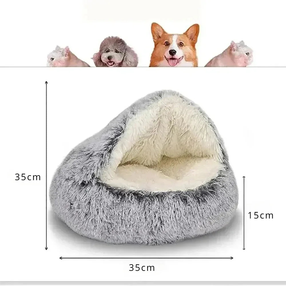 Soft Plush Round Cat Bed Warm Comfortable Winter Long Plush Pet Cat Bed Round Semi Enclosed Cat Nest For Small Dogs Sleep Bag