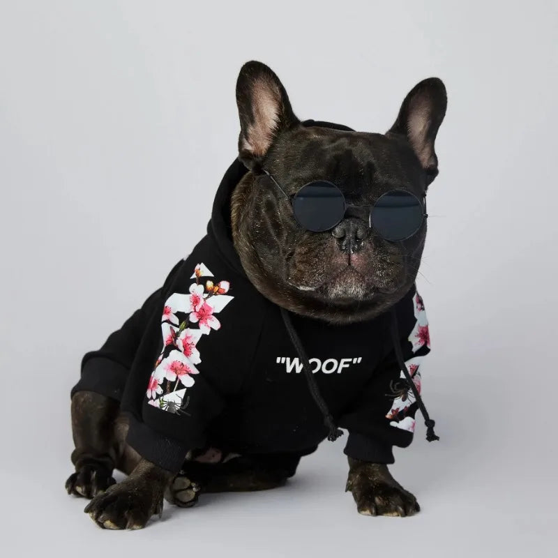 NONOR Dog Clothes WOOF Fashion Sakura Dog Jacket Pet Dog Hoodies Winter French Bulldog Pugs Sports Dog Jacket M-4XL