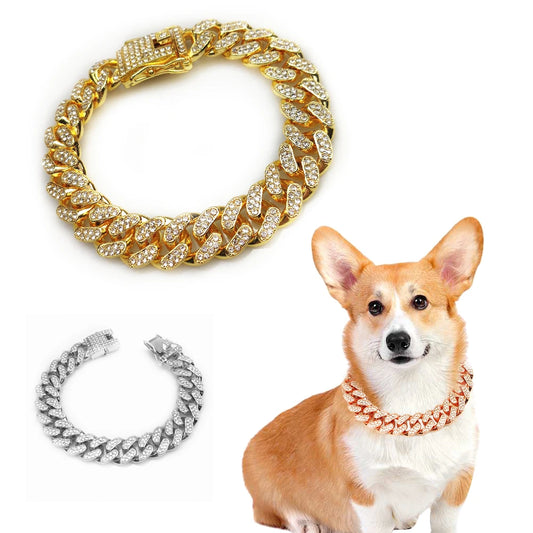 Rhinestone Dog Chain Collar Metal Strong Gold Cuban Link Dog Necklace Luxury Diamond Puppy Cat Collar Dog Jewelry Accessories