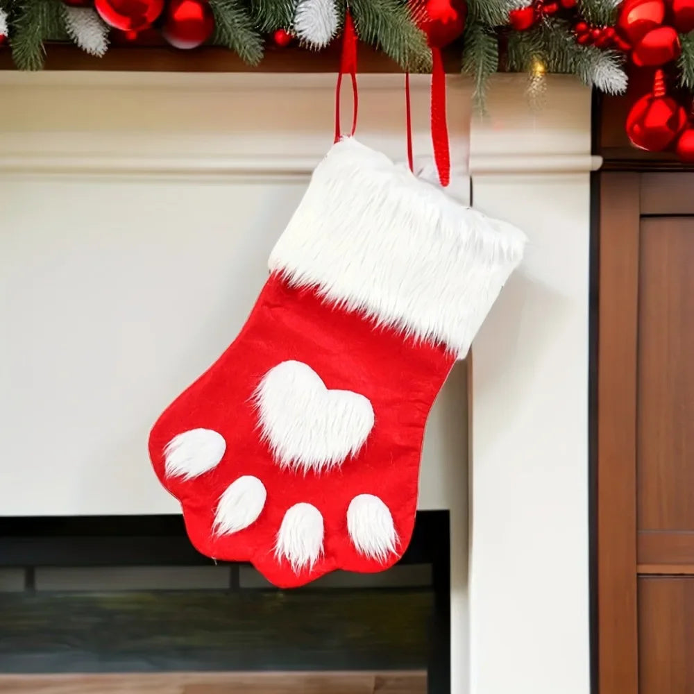 1pcs Christmas Stockings Home Decoration Accessories Plaid Christmas Gift Bags Pet Dog Cat Paw Stocking Socks Xmas Tree Ornament