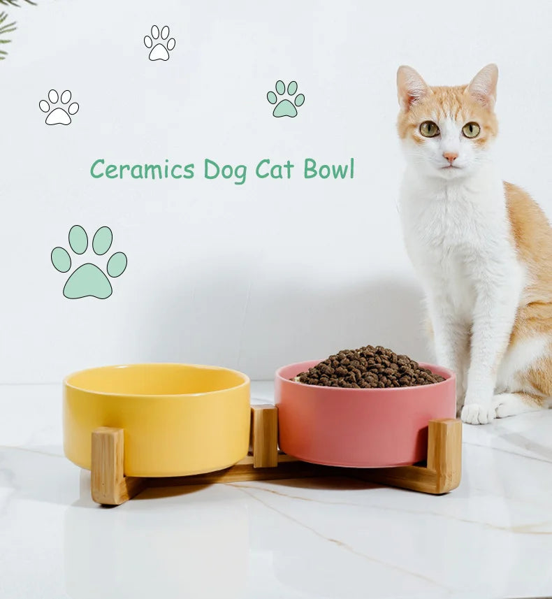 Pet Supplies Bowl Ceramics Double Food Water Bowls with Wood Stand No Spill Large Feeder Dish for Dogs Cats Feeding Puppy