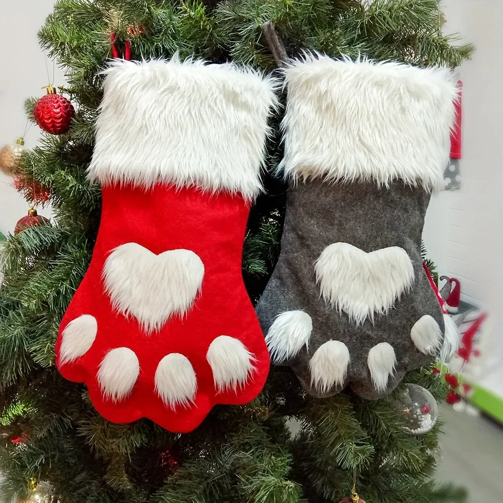 1pcs Christmas Stockings Home Decoration Accessories Plaid Christmas Gift Bags Pet Dog Cat Paw Stocking Socks Xmas Tree Ornament