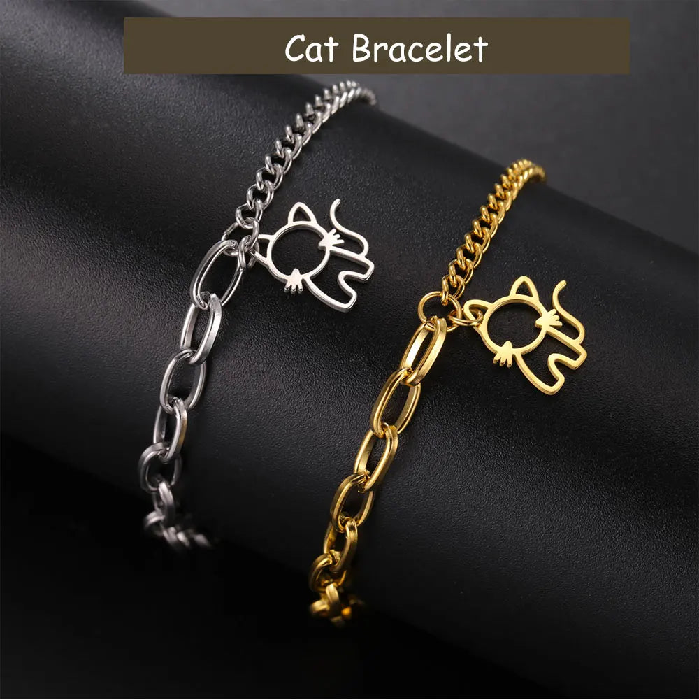 Cazador Trendy Cat Kitten Charm Bracelet for Women Stainless Steel Asymmetric Chain Bracelets Cute Animal Jewelry Gift