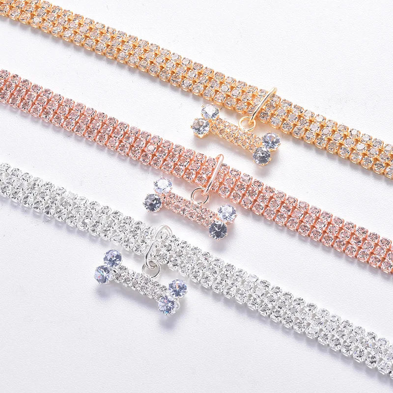 3 Rows Mixed Color Stretch Rhinestone Pet Collar Cat and Dog Jewelry Diamond Inlaid Pet Bone Dog Collar Accessories with Elastic