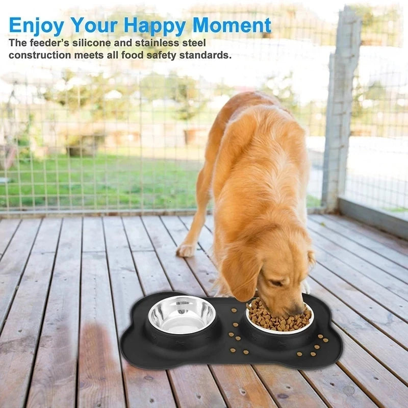 Antislip Double Dog Bowl With Silicone Mat Durable Stainless Steel Water Food Feeder Pet Feeding Drinking Bowls for Dogs Cats