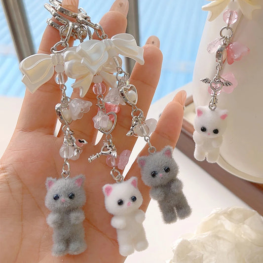 Furry Kitten Keychain Soft Plush Cat Bow Keychain Cartoon Women Girls Cute Bag Pendant Decoration White Gray Y2k Bowknot Keyring