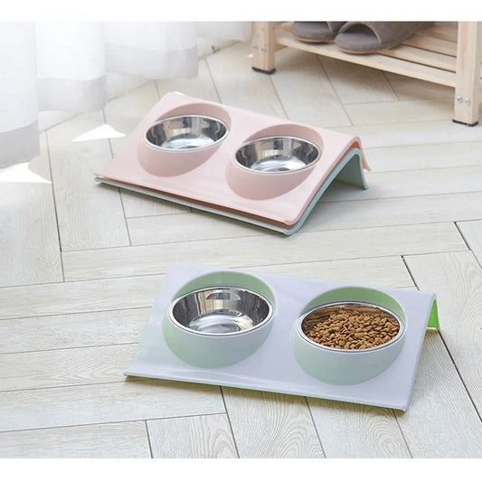 Stainless Steel Dog Double Bowl Pet Feeder Cat Food Bowl 2 In 1 Suitable For Small And Medium Dogs Eco Friendly Material