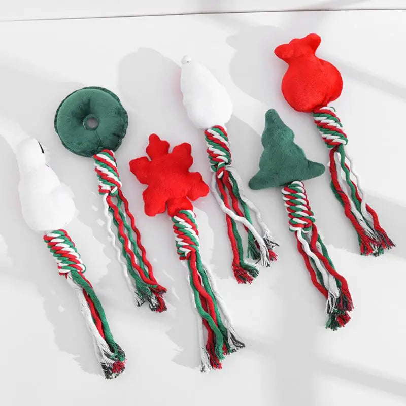 Christmas Dog Squeakey Chew Toys Cotton Ropes Knot Molar Bite Toy Funny Cute Puppies Cat Interactive Toy Xmas Gift Pets Supplies