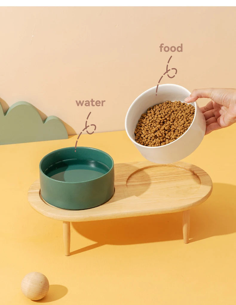 850ml Dog Food Water Bowl Elevated Cat Drinking Eating Feeding Bowls with Wooden Stand Pet Ceramic Feeder with Removable Base