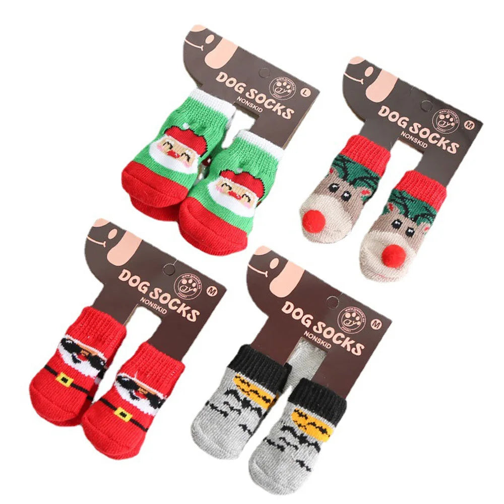 Dog Cat Socks 4 PCS Non-Slip Christmas Shoes Festival Themed Woven Paw Protector Knitting Pet Supplies for Floor Indoor