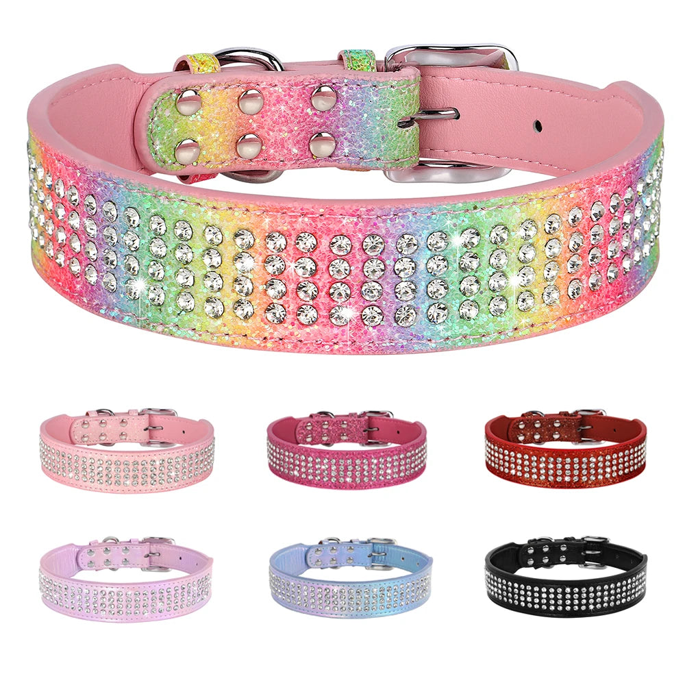 Bling Rhinestone Dog Collar Wide Leather Dogs Collars Glitter Diamond Pet Necklace Durable For Medium Large Dogs French Bulldog