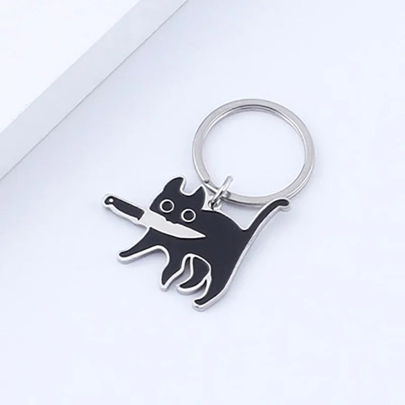 Cartoon Knife Cat Keychain Cute Stainless Steel Black Kitten Key Chains Keyring Bag Pendant Hanging Jewelry Gift