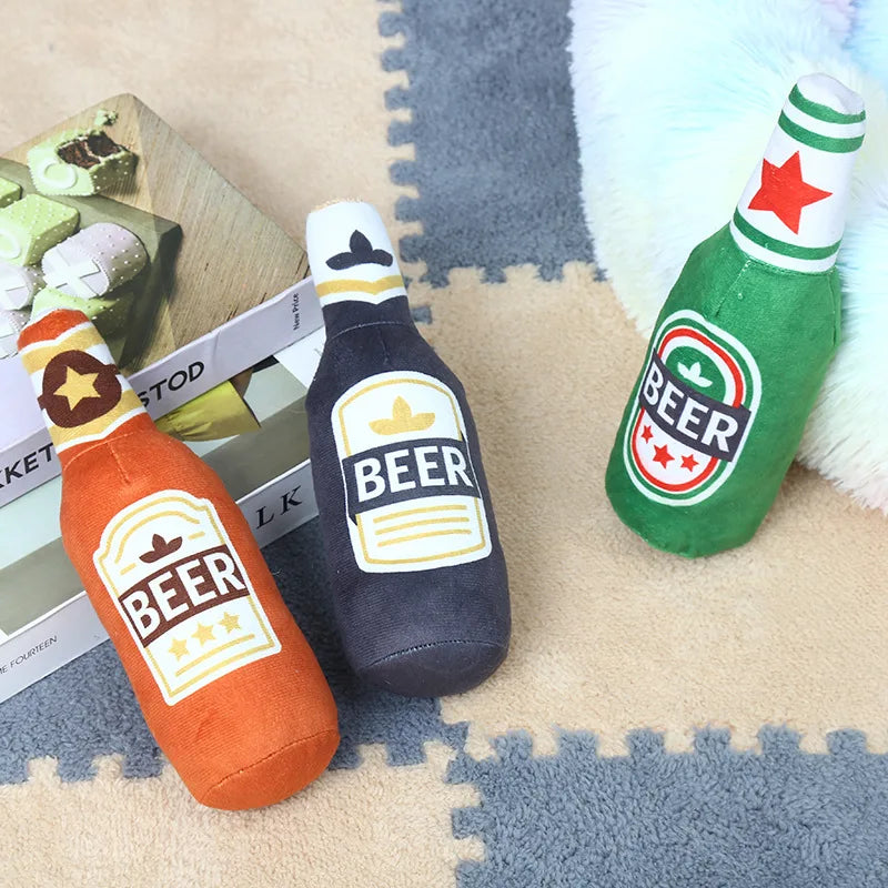 Dog Plush Toys Pet Squeaky Printed Beer Bottle Shape Toy Dog Bite-Resistant Clean Teeth Chew Toy Pet Supplies Interactive Toys