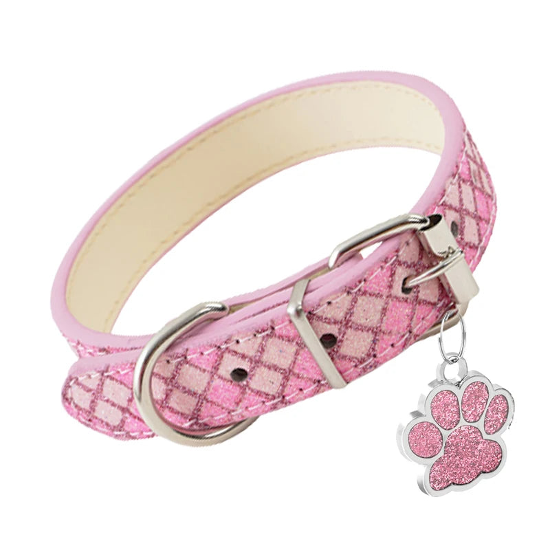 Leather Dog Collars Safety Adjustable Pink Leather PU Glitter Luxury Dog Cat Collars for Small Medium Big Dog Puppy Dog Accessories