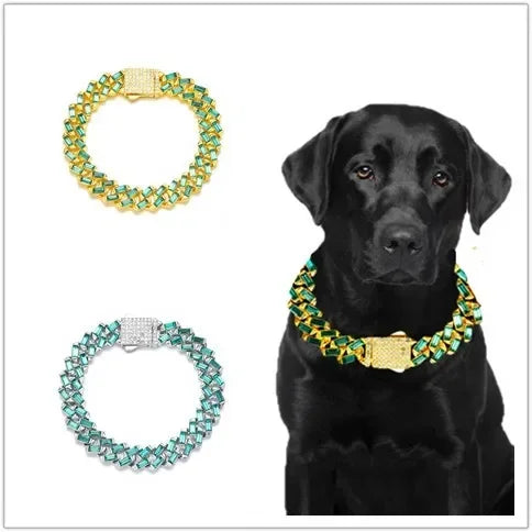 New Dog Collars Bling 13mm Green Stone Diamond Cuban Chain Cat Necklace Gold Silver Color Pet Jewelry Accessories