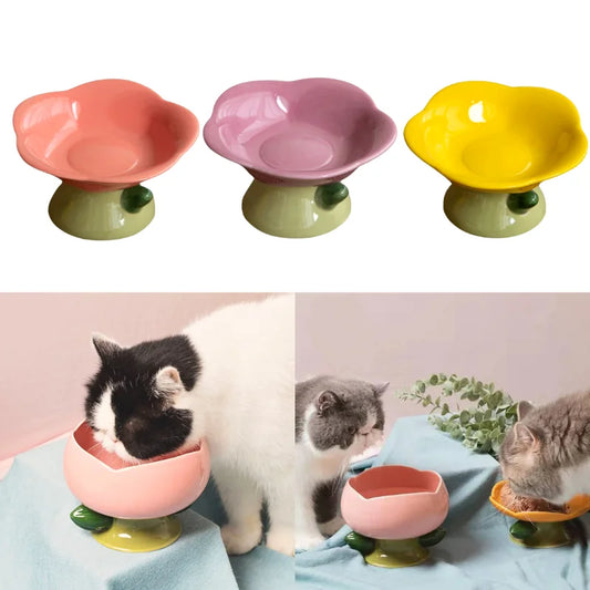 Cute Ceramic Cat Bowl Non-slip Flower Shape New High Foot Dogs Puppy Feeder Feeding Food Water Pet Supplies Cat Food Bowl