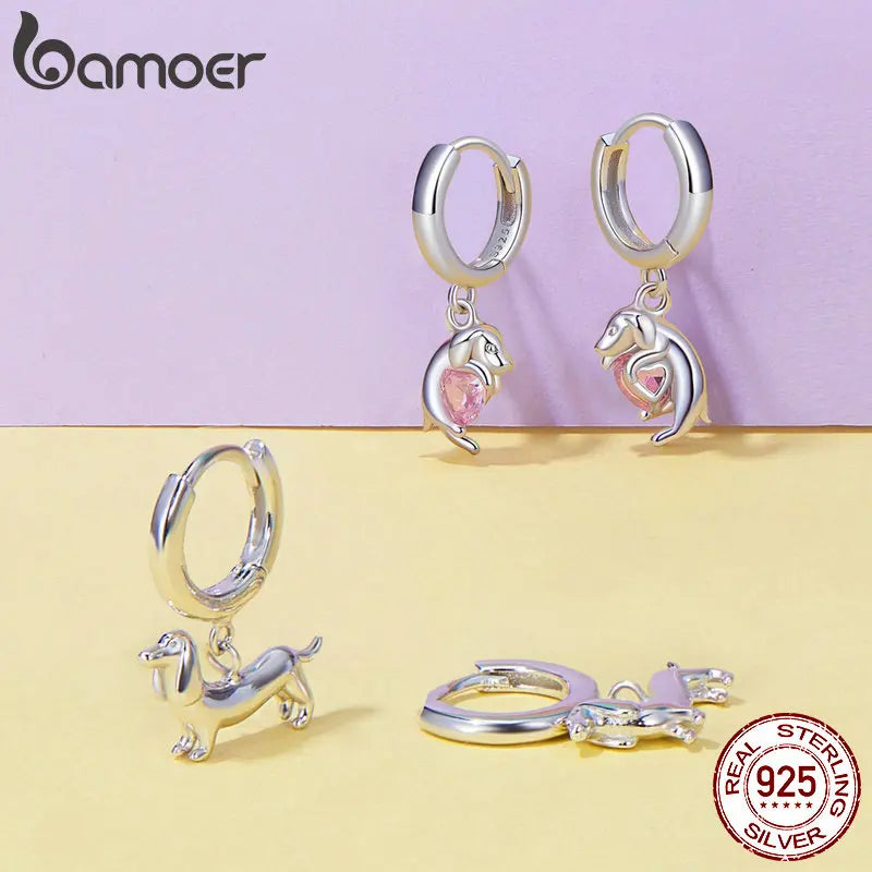 BAMOER 2024 New Arrival 925 Sterling Silver Drop Earrings, White Gold Plated Cute Dog Cat Dangle Hypoallergenic Earrings SCE1757