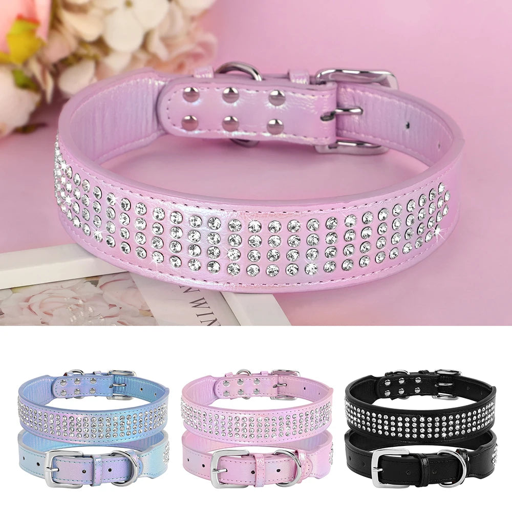 Bling Rhinestone Dog Collar Wide Leather Dogs Collars Glitter Diamond Pet Necklace Durable For Medium Large Dogs French Bulldog