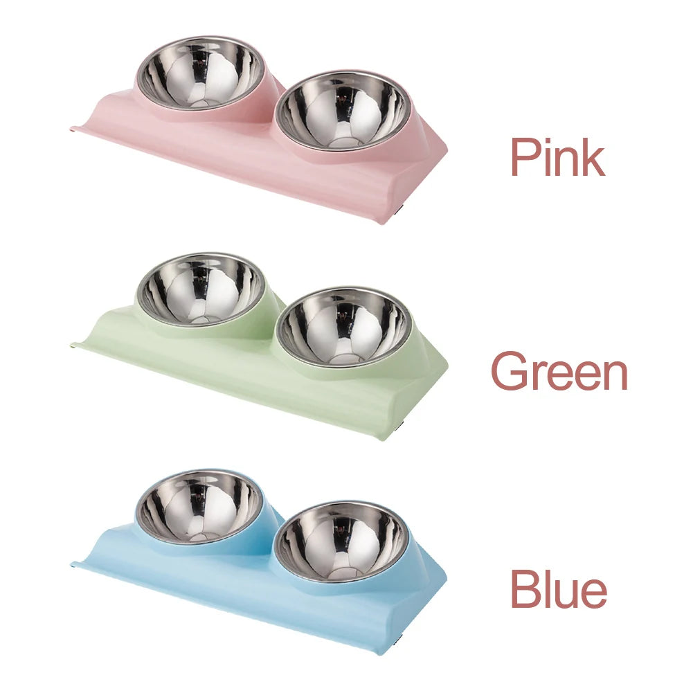 15 Degree Tilted Non Slip Food Water Cat Pet Supplies Stainless Steel With Raised Stand Home Puppy Double Dog Bowl Feeder