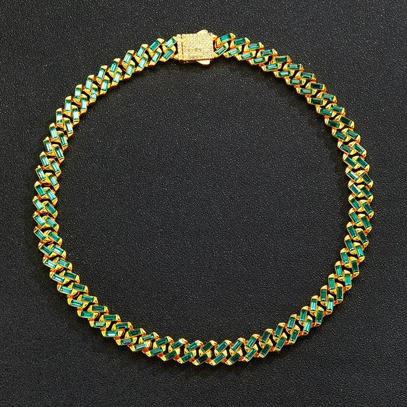 New Dog Collars Bling 13mm Green Stone Diamond Cuban Chain Cat Necklace Gold Silver Color Pet Jewelry Accessories