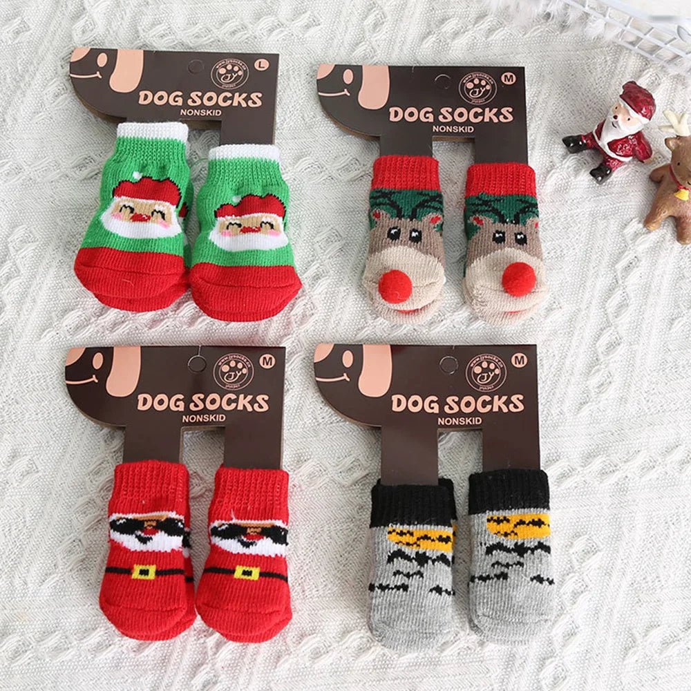 Dog Cat Socks 4 PCS Non-Slip Christmas Shoes Festival Themed Woven Paw Protector Knitting Pet Supplies for Floor Indoor