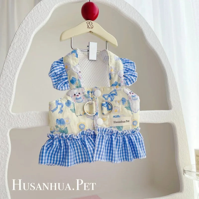 Pet Dog Lace Clothes Cute Oil  Painting Chest And Back Can Pull Teddy Cute Plaid Puppy Out Skirt Pet Puppy Clothing