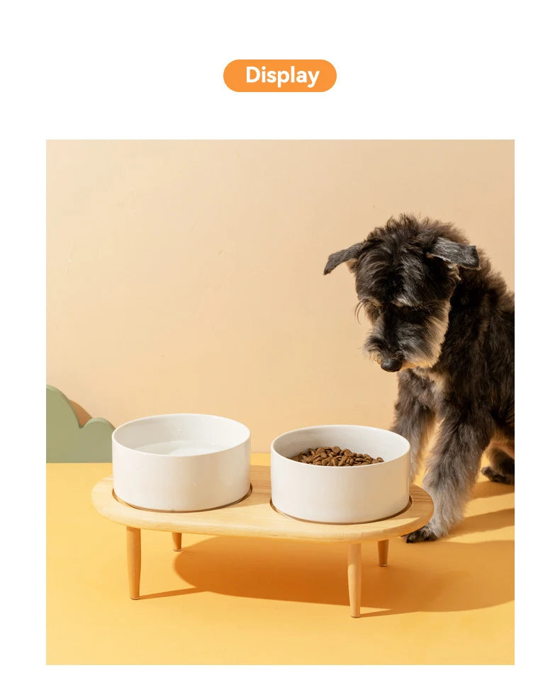 850ml Dog Food Water Bowl Elevated Cat Drinking Eating Feeding Bowls with Wooden Stand Pet Ceramic Feeder with Removable Base