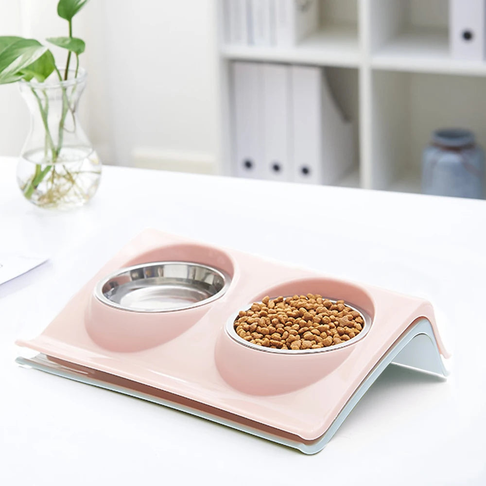 Stainless Steel Dog Double Bowl Pet Feeder Cat Food Bowl 2 In 1 Suitable For Small And Medium Dogs Eco Friendly Material