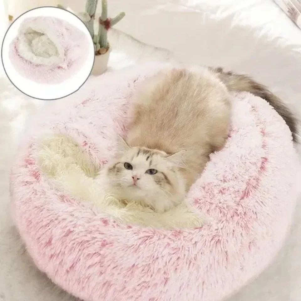 Soft Plush Round Cat Bed Warm Comfortable Winter Long Plush Pet Cat Bed Round Semi Enclosed Cat Nest For Small Dogs Sleep Bag