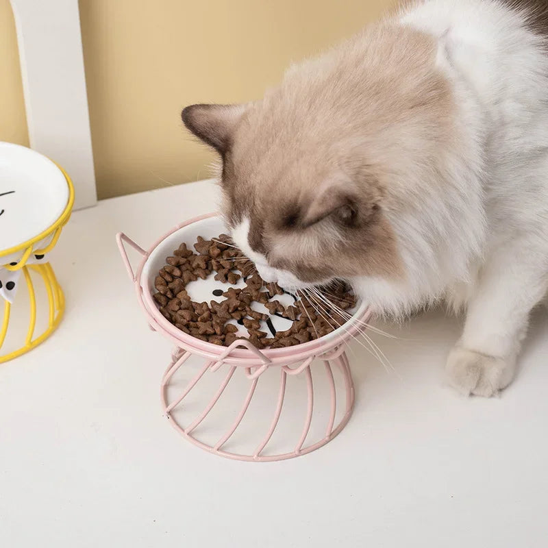 Cat Bowl Ceramic High-Foot Neck Guard Food Bowl Shallow Mouth Large Caliber Pet Food Bowl