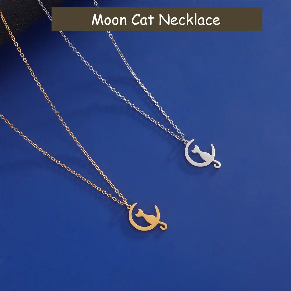 Cazador Stainless Steel Cute Animal Crescent Moon Cat Pendant Necklace Women Girl Kitten Neck Chain Choker Jewelry Birthday Gift