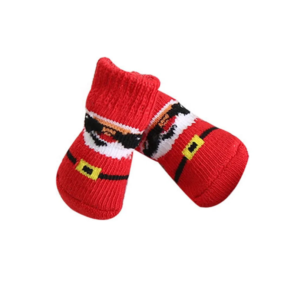 Dog Cat Socks 4 PCS Non-Slip Christmas Shoes Festival Themed Woven Paw Protector Knitting Pet Supplies for Floor Indoor