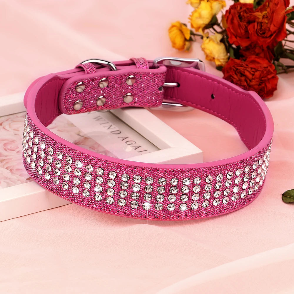 Bling Rhinestone Dog Collar Wide Leather Dogs Collars Glitter Diamond Pet Necklace Durable For Medium Large Dogs French Bulldog