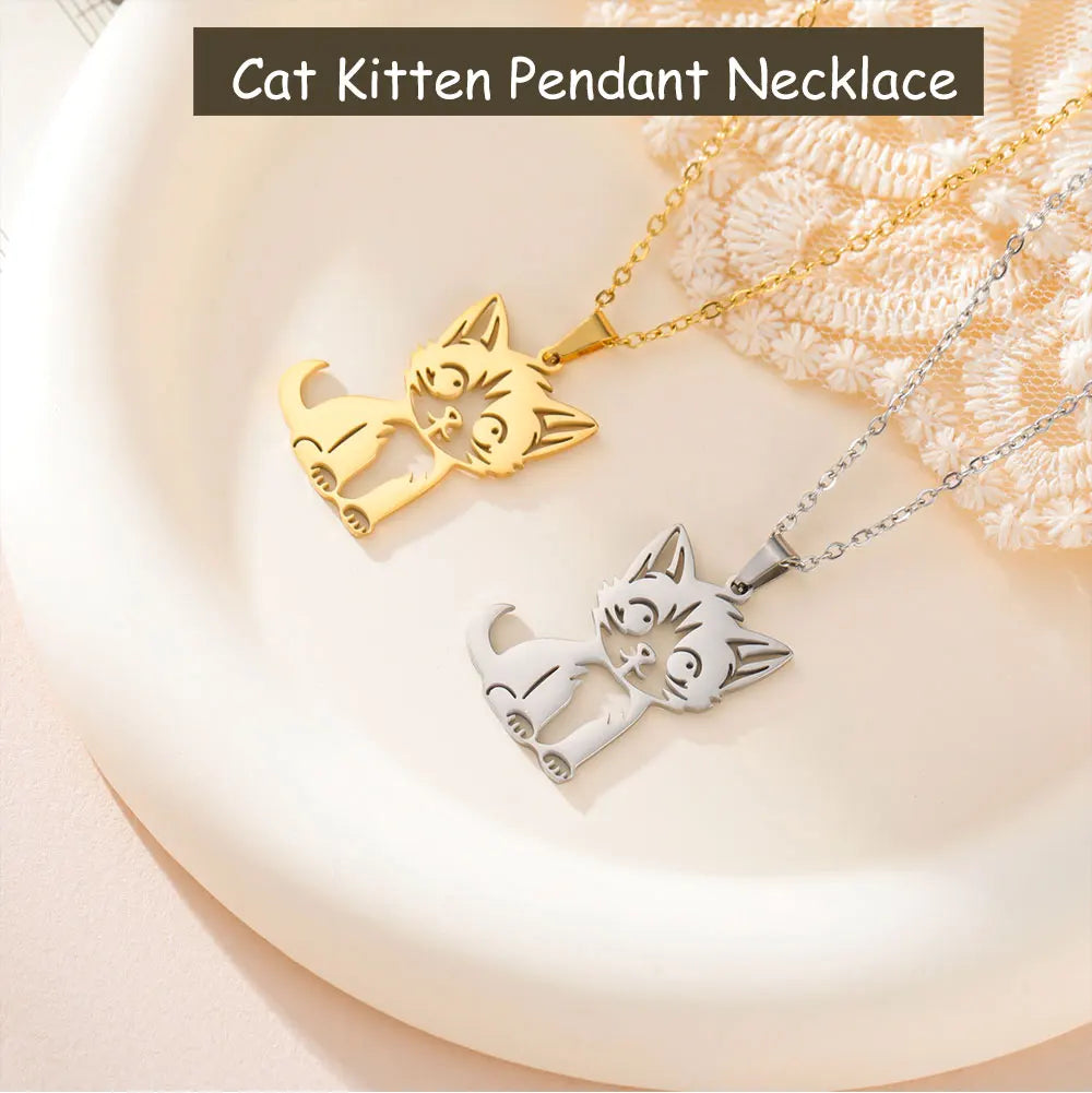 Cazador Cute Little Wild Cat Kitten Pendant Necklace for Women Stainless Steel Jewelry Necklaces Birthday Christmas Gift 2024