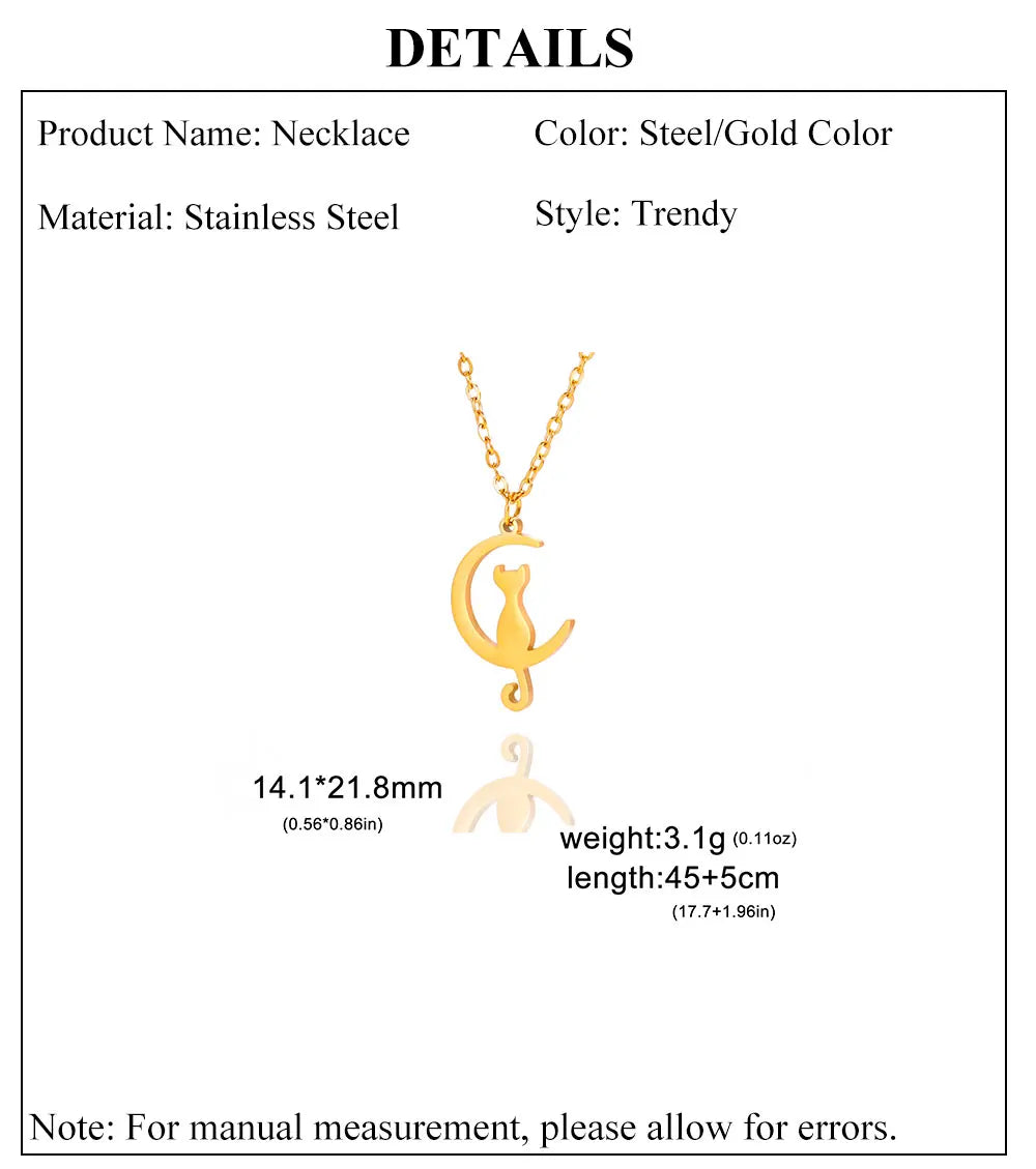 Cazador Stainless Steel Cute Animal Crescent Moon Cat Pendant Necklace Women Girl Kitten Neck Chain Choker Jewelry Birthday Gift